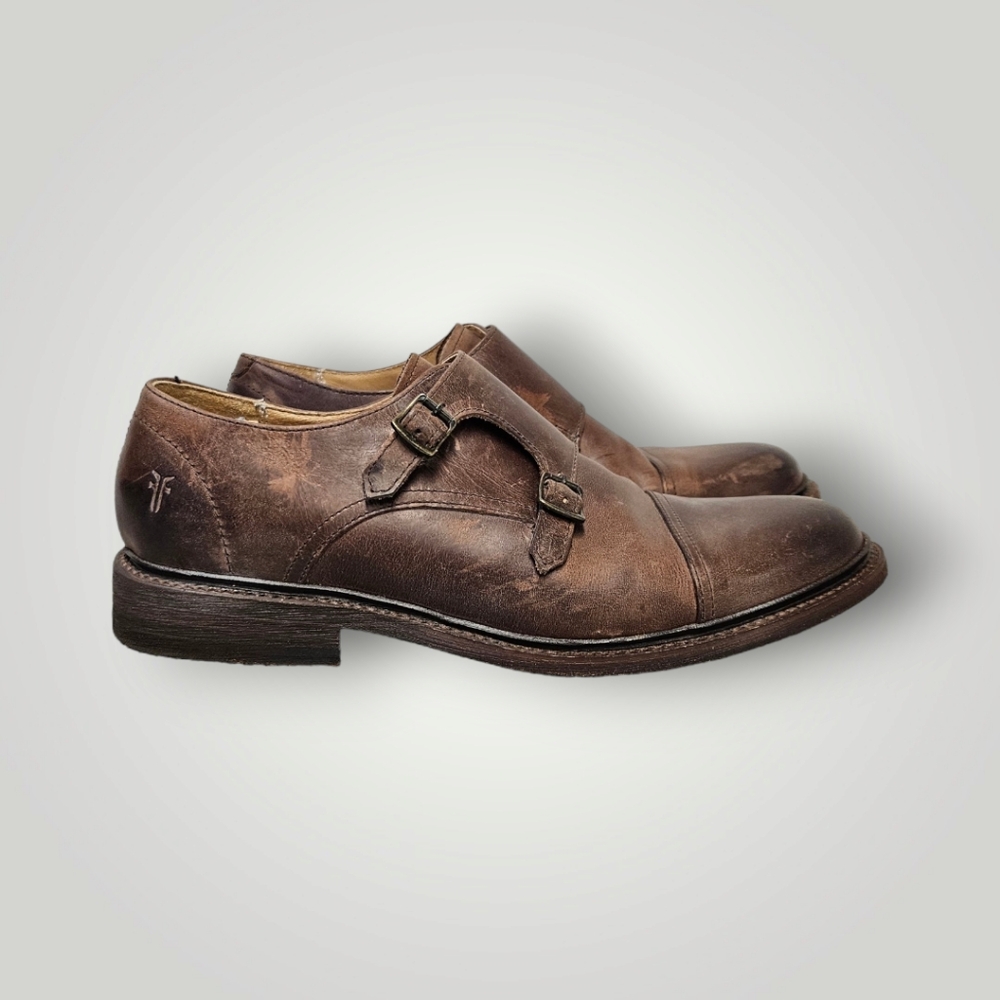 FRYE Shoes Mens 9 Brown James Double Monk Leather - Picture 2 of 9